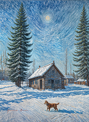 Winter mountain hut and a dog-a 