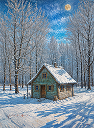 Winter mountain hut and a dog-b 