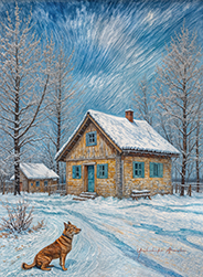 Winter mountain hut and a dog-c