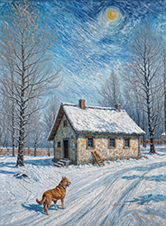 Winter mountain hut and a dog-d