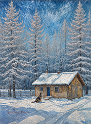 Winter mountain hut and a dog-e