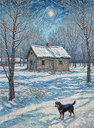 Winter mountain hut and a dog-f