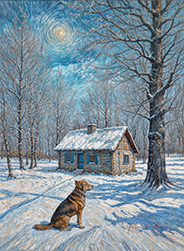 Winter mountain hut and a dog-g