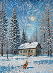 Winter mountain hut and a dog-h